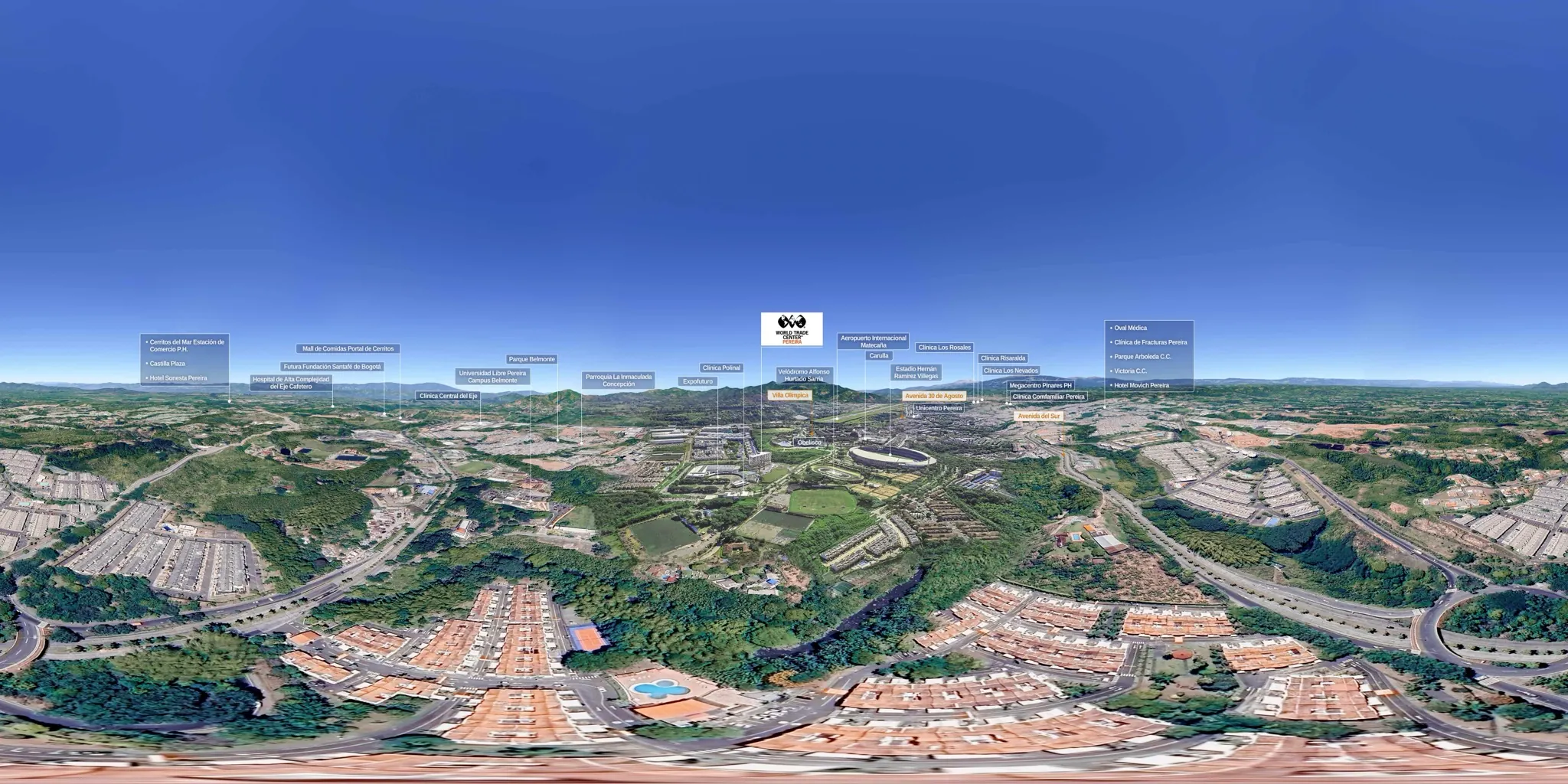 Panorámica aérea de 360 grados del entorno del WTC Pereira con puntos de referencia señalados